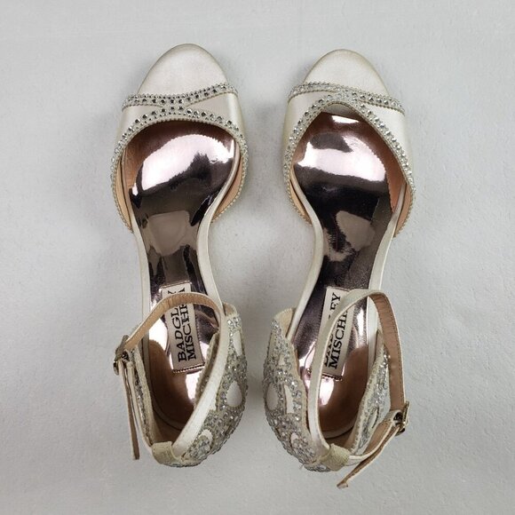 Badgley Mischka Gillian Peep Toe Heel Women 6 White Satin Rhinestone Bridal Pump - Picture 8 of 14